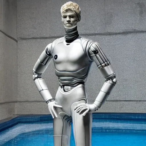 Image similar to a realistic detailed photo of a guy who is an attractive humanoid who is half robot and half humanoid, who is a male android, soccer player martin ødegaard, shiny skin, posing like a statue, blank stare, by the pool, on display, showing off his muscles, humanoid robot, frozen ice statue