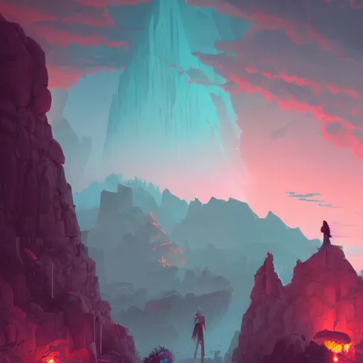 Prompt: view of the entrance to a dungeon of the gods at the base of an ancient mountain, realistic lighting, dark, foreboding, highly detailed, pink green yellow red color scheme, behance hd, makoto shinkai and lois van baarle, ilya kuvshinov, rossdraws, global illumination