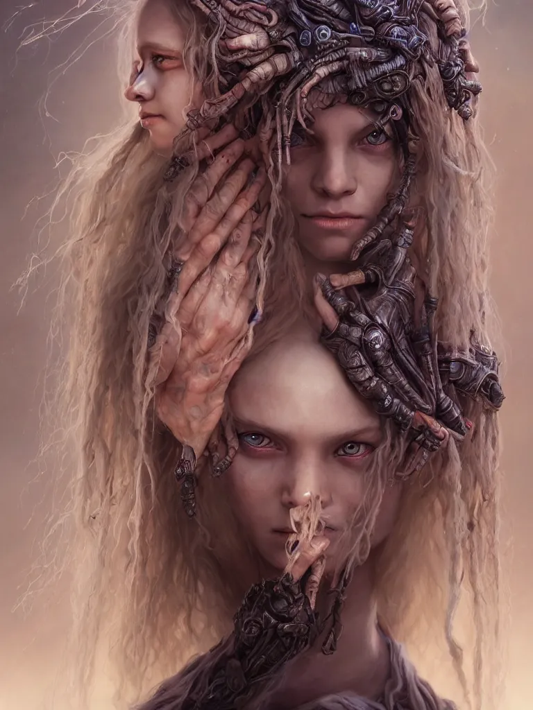 Prompt: fantasy changeling girl with blonde dreadlocks revealing her true nature, staring eyes, dim light, front game card, marvel comics, dark, intricate jewellery, highly detailed, smooth, smirking, artstation, digital illustration by ruan jia and mandy jurgens and artgerm and wayne barlowe and greg rutkowski and zdislav beksinski