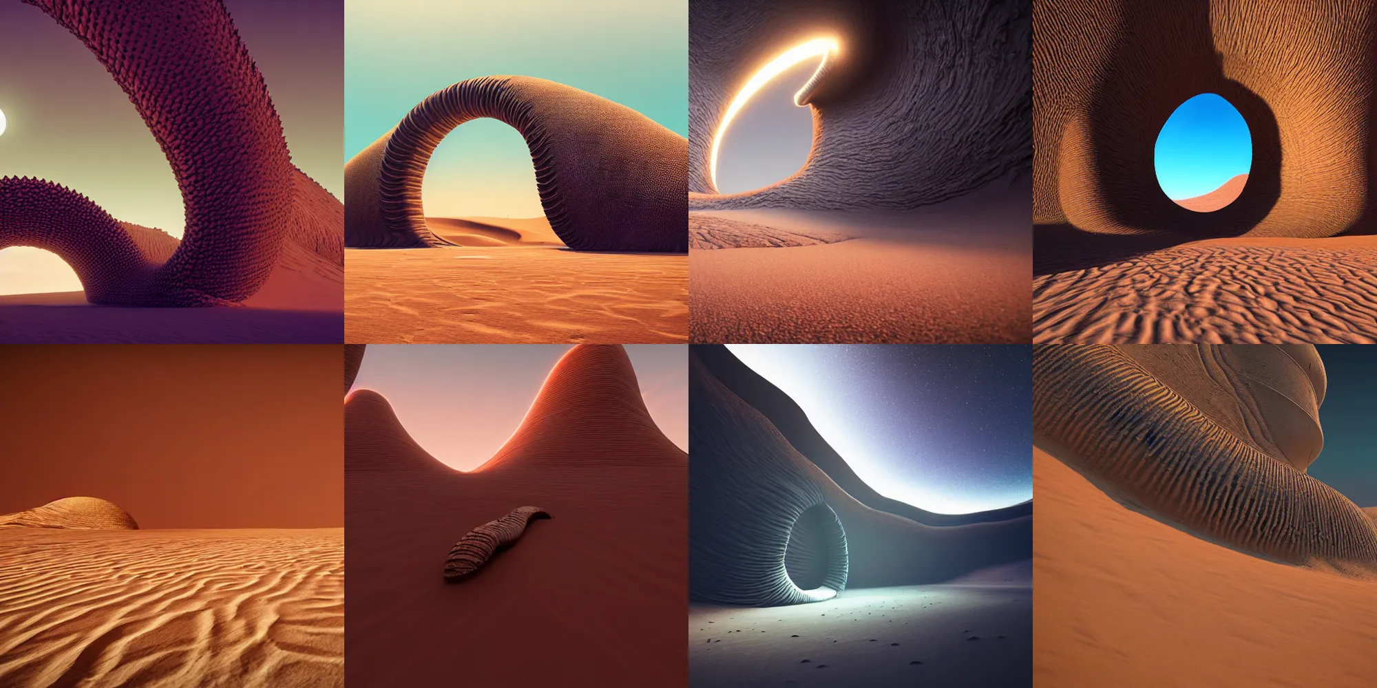 Prompt: beautiful dark desert landscape, giant sandworm, highly detailed old door to another universe, in the style of beeple and Mike Winkelmann, photo real, ultra realistic, intricate, epic lighting, 8k resolution, unreal engine 5,