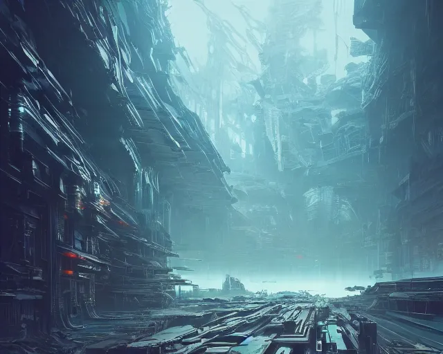 Prompt: the blight of the ascend armory, intricate abstract. intricate artwork, by tooth wu, wlop, beeple, dan mumford. concept art, octane render, trending on artstation, greg rutkowski very coherent symmetrical artwork. cinematic, key art, hyper realism, high detail, octane render, 8 k, iridescent accents