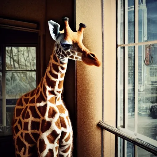 Image similar to foreground, giraffe girl. she has a very long neck and is fluffy. wool. beautiful attire. she looks in the windows. on the 3 rd floor. hyper - realistic photo. fantasy