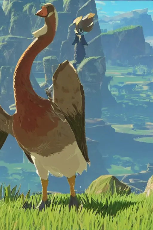 Image similar to in game footage of a goose from the legend of zelda breath of the wild, breath of the wild art style.