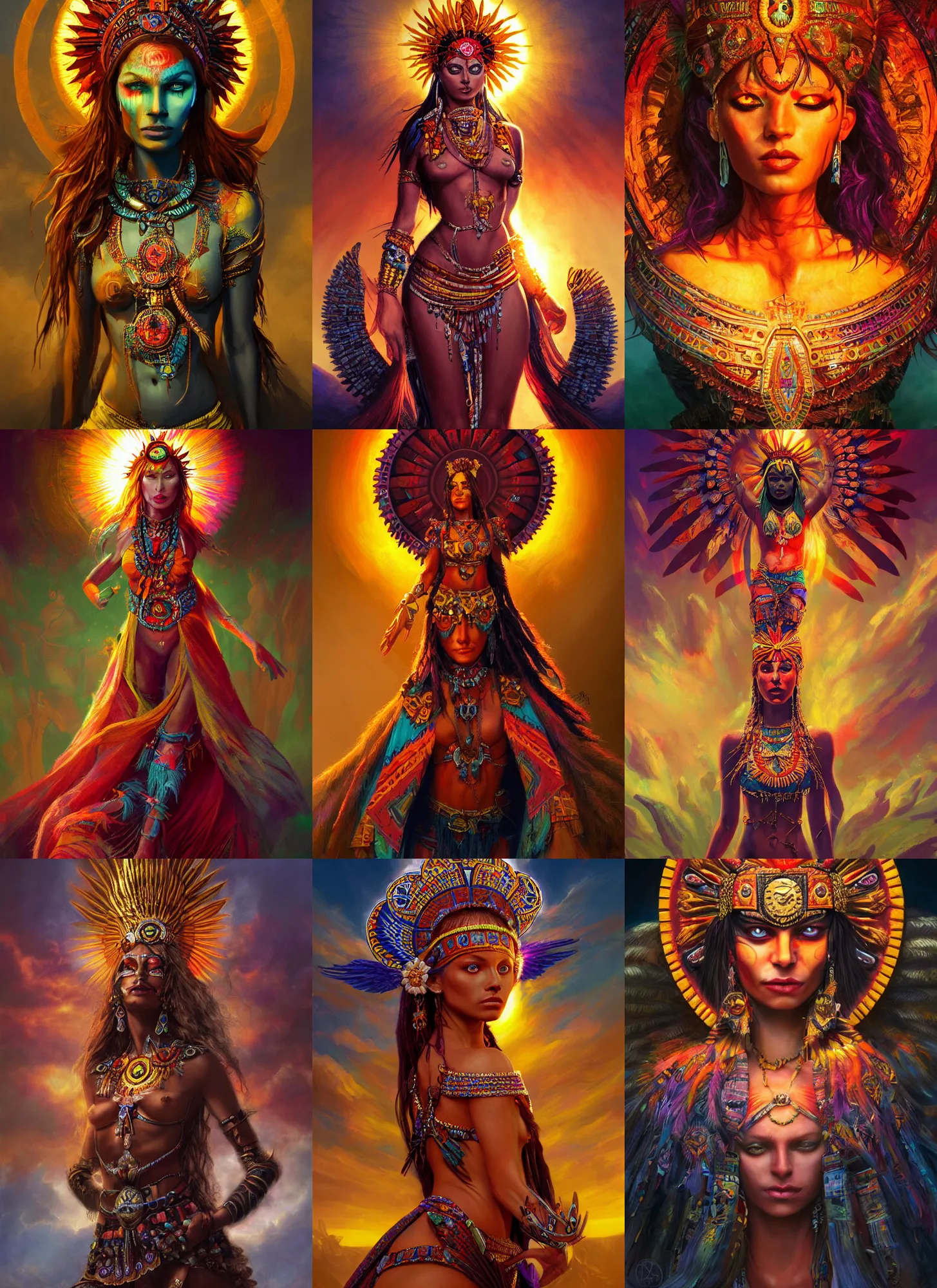 Prompt: aztec sun goddess of love, vivid colors, war of colorss, dark shadows, contrast, concept art, sharp focus, digital art, Hyper-realistic, 4K, Unreal Engine, Highly Detailed, Dramatic Lighting, Beautiful, by Brom, bastien lecouffe-deharme