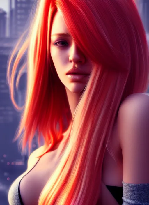 Image similar to photo of a gorgeous blondeand red ombre hair female in the style of stefan kostic, realistic, half body shot, sharp focus, 8 k high definition, insanely detailed, intricate, elegant, art by stanley lau and artgerm, cyberpunk city backgeound