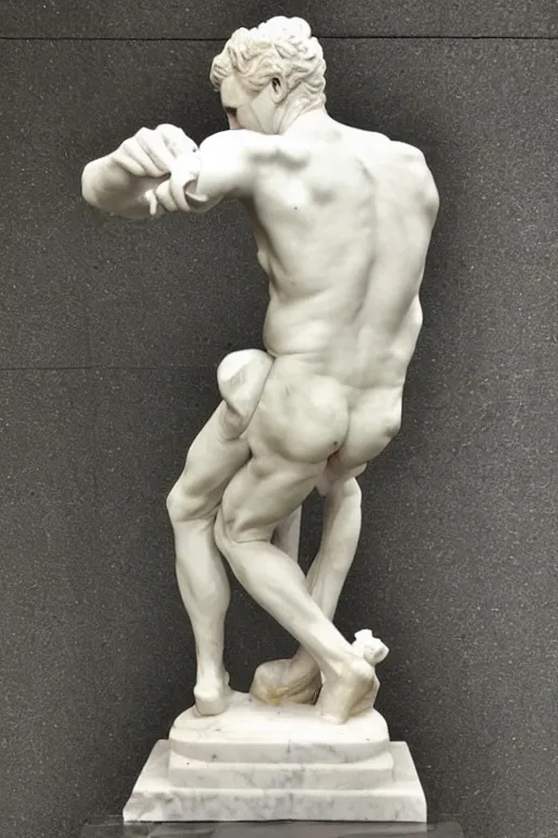 Image similar to marble sculpture of a man taking a selfie