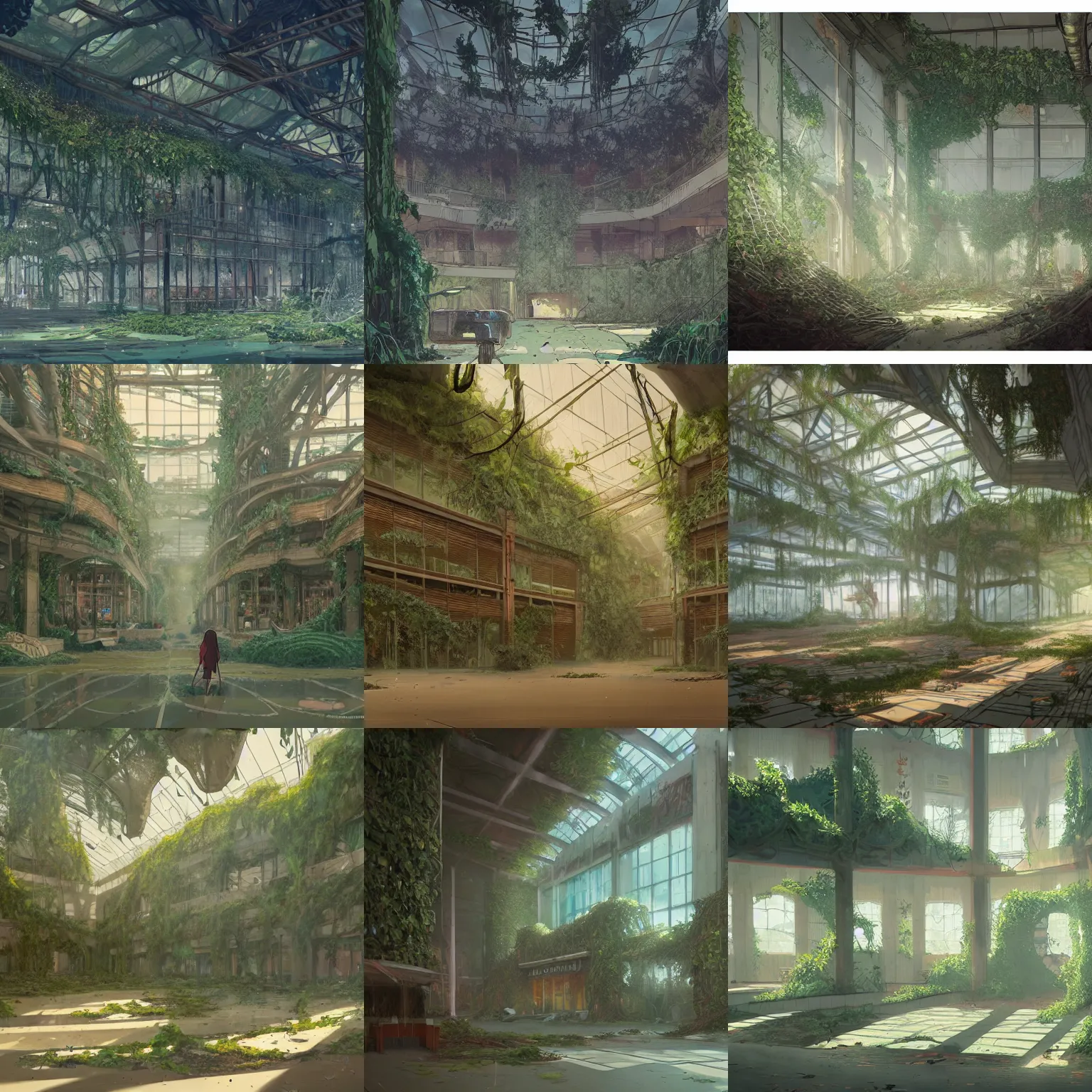 Prompt: Naturecore abandoned mall interior covered in vines by Studio Ghibli and Greg Rutkowski, artstation