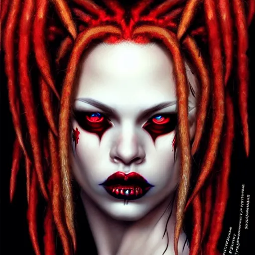 Image similar to portrait of flawless beautiful female cybergoth with blonde and red dreadlocks, dark, piercing eyes, exotic expression, esoteric clothing, photorealistic, highly detailed, mysterious lighting, artstation, smooth, sharp focus, art by michael whelan, artgerm, greg rutkowski and luis royo