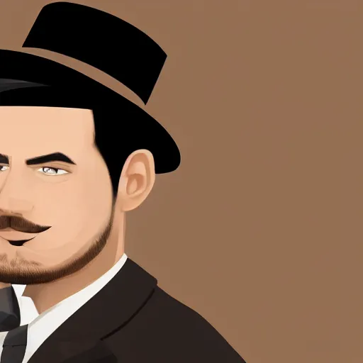 Prompt: Portrait of a man with brown hair and a brown mustache in black suit and black top hat, studio lighting, Sigma 85 mm f/1.4., digital painting, vector art, trending on artstation, sharp shadows