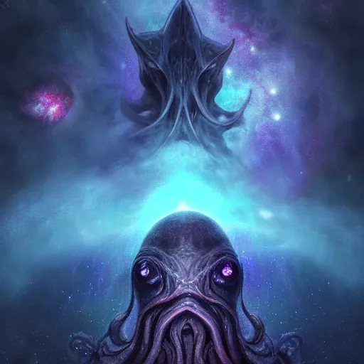 Image similar to cosmic cthulhu in dark space, nebula in background, by lovecraft, details face, detailed body, realistic body proportions, unreal engine, by popular digital artist, digital, artstation, detailed body, heavenly atmosphere, digital art, overdetailed art, trending on artstation, cgstudio, the most beautiful image ever created, dramatic, award winning artwork, beautiful scenery