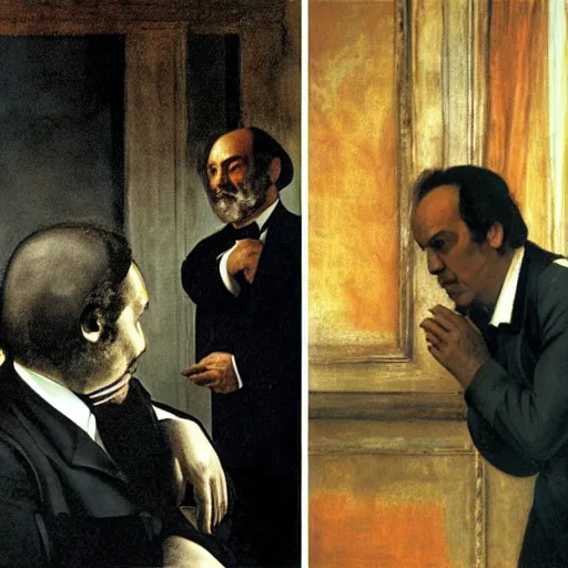 Prompt: silvio berlusconi talking with karl marx, film still by edward hopper, by Pontormo, by klimt, art noveau, highly detailed, strong lights, liminal, eerie, Bright pastel colors