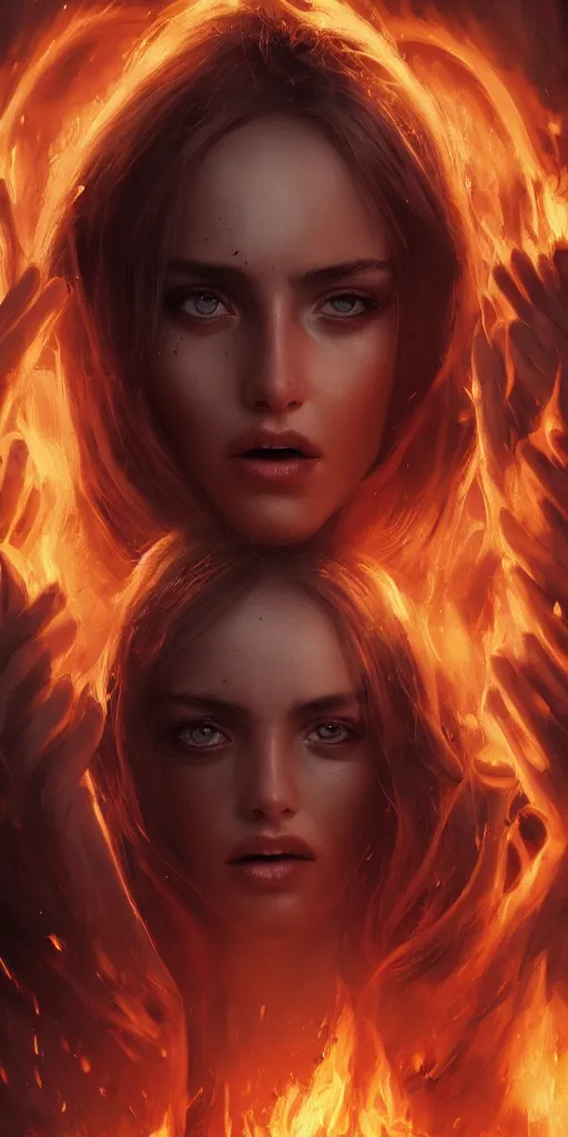 Image similar to evil pretty blond girl demon spawn surrounded by fire tornadoes, flawless symmetrical pretty cute face, ana de armas, hetrochromia, greg rutkowski, 8 k, shallow depth of field, intricate detail, concept art,