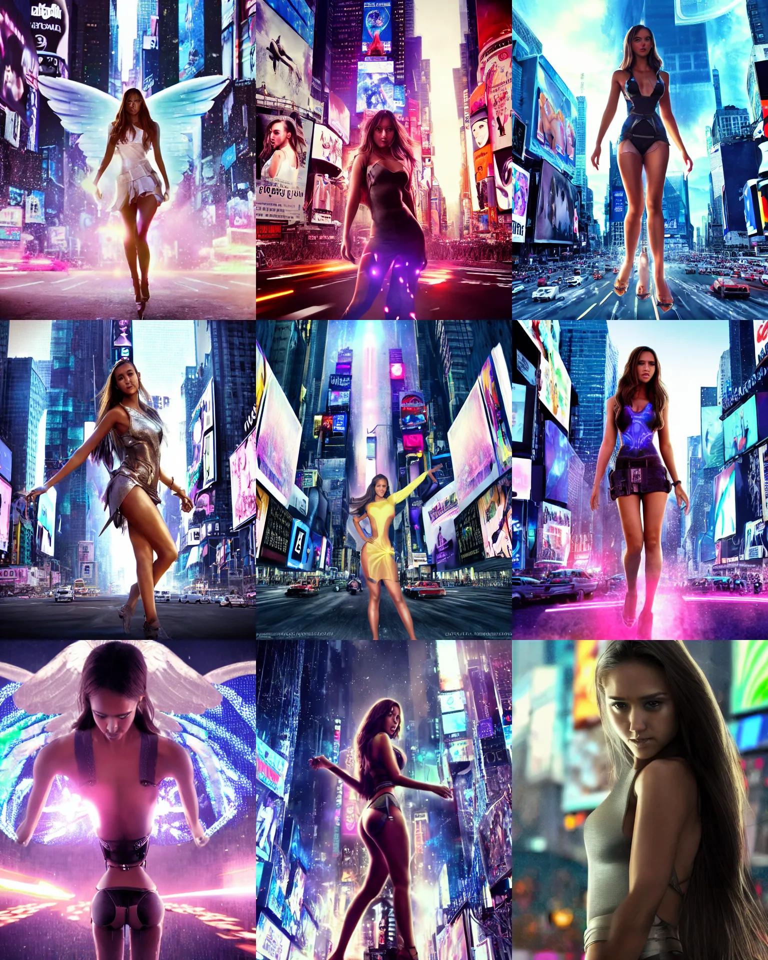 Prompt: inception movie still full body portrait of young woman jessica alba as an edc rave angel girl cyborg in a crowded packed times square intersection, octane render, anime, trending on artstation, unreal engine, volumetric lighting, concept art, sci - fi, photoreal, sweating, pouty face, looking at camera, symmetrical, epic shot, fashion photoshoot,