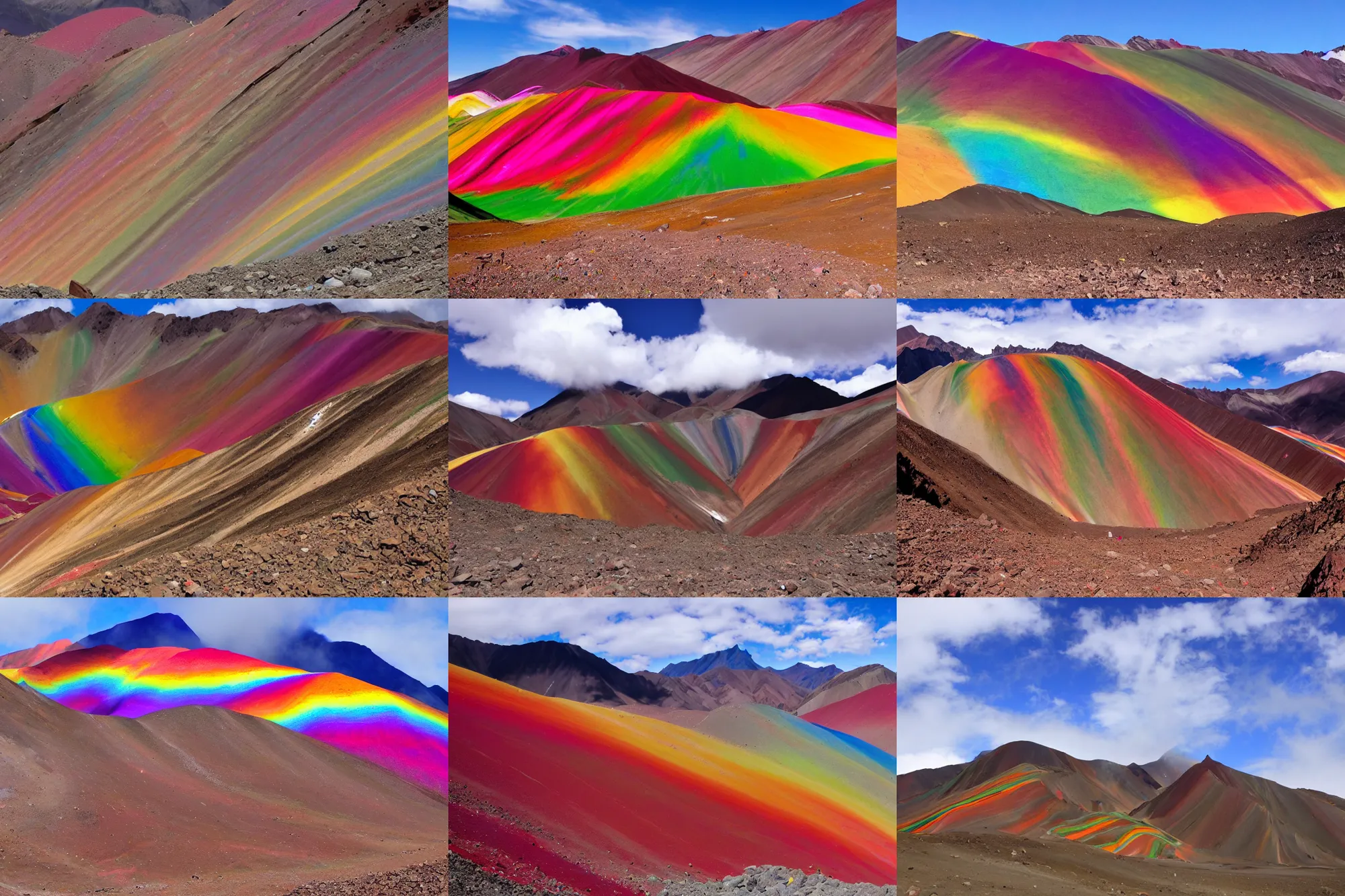 Prompt: vinicunca rainbow colored mountain