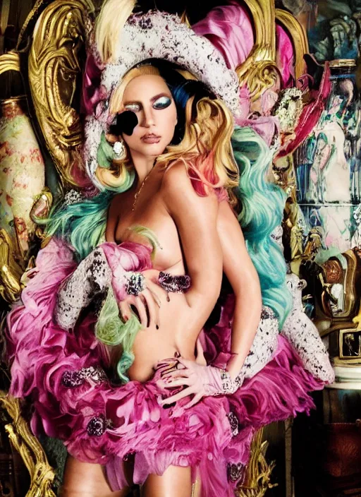 Image similar to lady gaga styled by david lachapelle posing in an expensive mansion setting , vogue magazine, Highly realistic. High resolution. Highly detailed. Dramatic. 8k.4k.