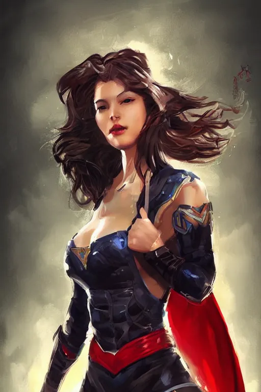 Image similar to three quarters portrait of a beautiful woman,super hero costume,heroic pose,highly detailed, digital painting,illustration, art by Stanley Lau