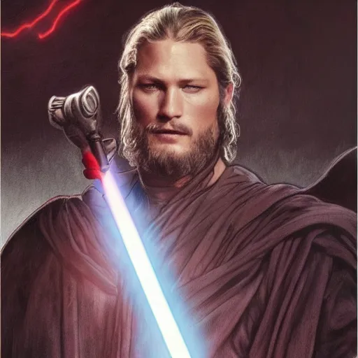 Image similar to Portrait of Travis Fimmel as a sith lord from star wars, full length shot, shining, 8k highly detailed, sharp focus, illustration, art by artgerm, mucha, bouguereau