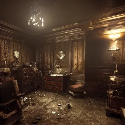 Prompt: room of a dark mansion, objects from ritual in the ground, realistic, highly detailed, background of resident evil game, guillermo del toro