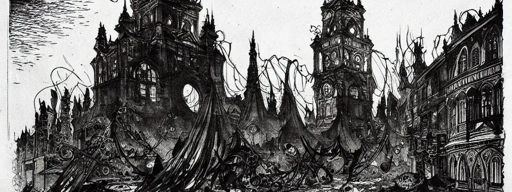 Image similar to the alchemical art of etching by master anders zorn. a lovecraftian horror destroying a city. ink highly detailed lines