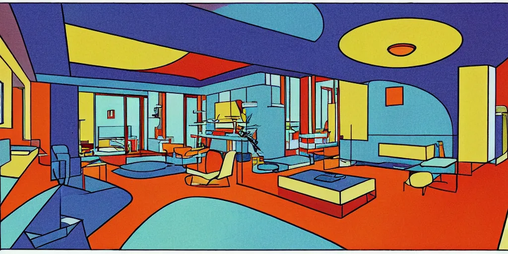 Prompt: modernist interior, seen from above, by René Laloux, line brush, full colour, coloured background