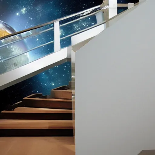 Prompt: floating stair with glass railing, in space, on the moon photo