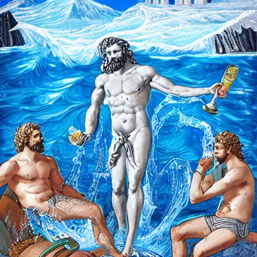 Image similar to poseidon cracking open a cold one with the boys