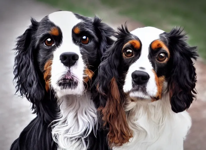 Image similar to photo realistic picture 5 0 mm of a black king charles cavalier sitting next to a brown dash hound, they are both looking at each other lovingly