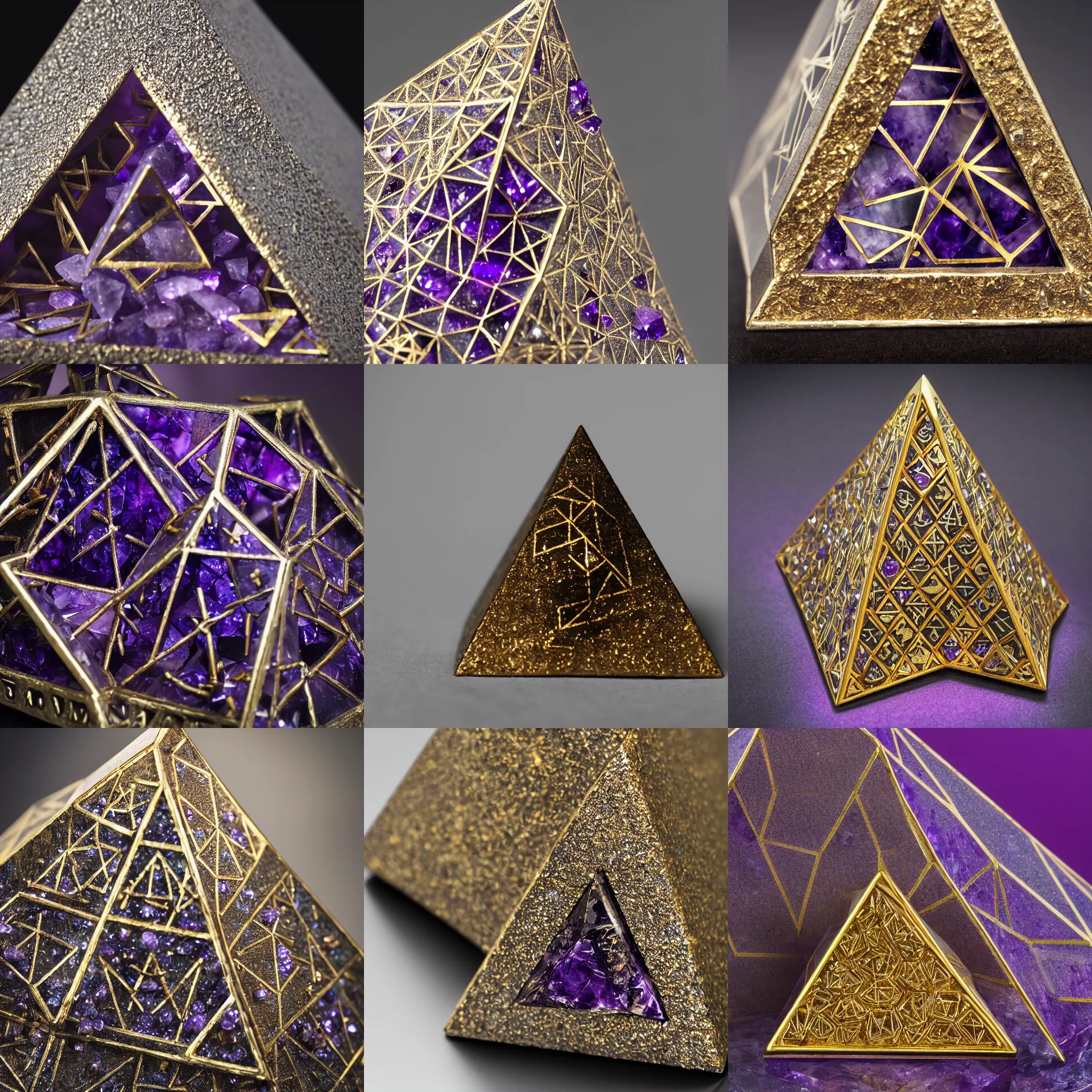 Prompt: studio photograph of a titanium pyramid embedded with amethyst, intricate detail gold dwarven runes, xf iq 4, 1 5 0 mp, 5 0 mm, f 1. 4, iso 2 0 0, 1 / 1 6 0 s, natural light, adobe lightroom, photolab, affinity photo, photodirector 3 6 5