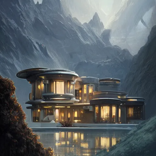 Image similar to Ultra realistic illustration of Futuristic Modern Mansion in the mountains , sci-fi, fantasy, intricate, elegant, highly detailed, digital painting, artstation, concept art, smooth, sharp focus, illustration, dramatic lighting, art by artgerm and greg rutkowski and alphonse mucha