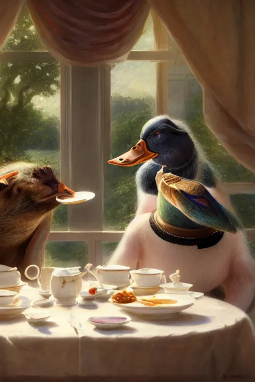 Image similar to a mallard and a pig having tea at the ritz, anatomy, bathed in light, highly detailed, photorealistic, artstation, smooth, sharp focus, illustration, unreal engine 5, 8 k, art by artgerm and greg rutkowski and edgar maxence