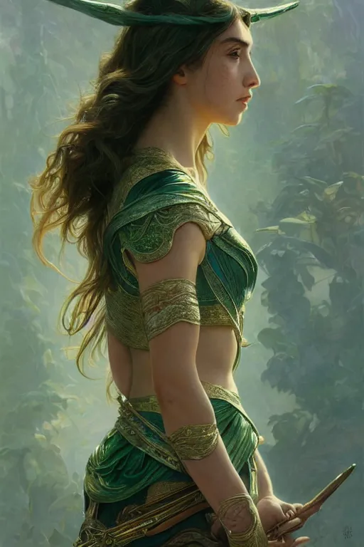 Image similar to Ana de Armas wearing iridescent green opal armor, fantasy, intricate, cinematic lighting, highly detailed, beautiful, digital painting, artstation, masterpiece, concept art, smooth, sharp focus, illustration, art by Artgerm and Greg Rutkowski and Alphonse Mucha and william-Adolphe Bouguereau