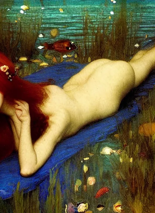 Prompt: lady laying under the sea on the seabed amongst the weeds, underwater shot, submerged, medium shot, on the bed of the river preraphaelite colour photography by john william waterhouse, 8 k