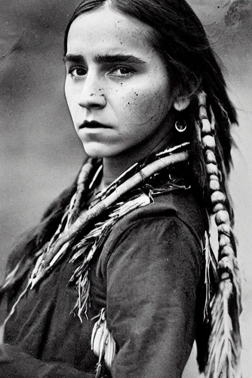 Image similar to “Photo of Native American indian woman Emma Watson, portrait, skilled warrior of the Chiricahua Apache, Lozen was the sister of Victorio a prominent Chief, showing pain and sadness on her face, ancient, realistic, detailed, emma watson”