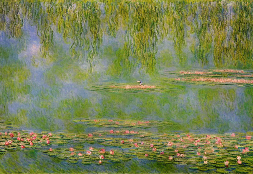 Image similar to a beautiful painting of a pond in spring time by Monet, Wes Anderson, James Jean, trending on Artstation, 4k