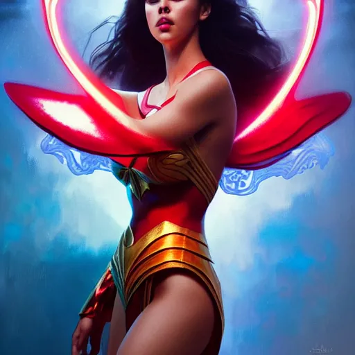 Image similar to catriona gray as darna, volumetric lights, red and cyan theme, art nouveau botanicals, intricate, highly detailed, digital painting, artstation, concept art, smooth, sharp focus, cinematic, illustration, beautiful face, art by artgerm and greg rutkowski and alphonse mucha