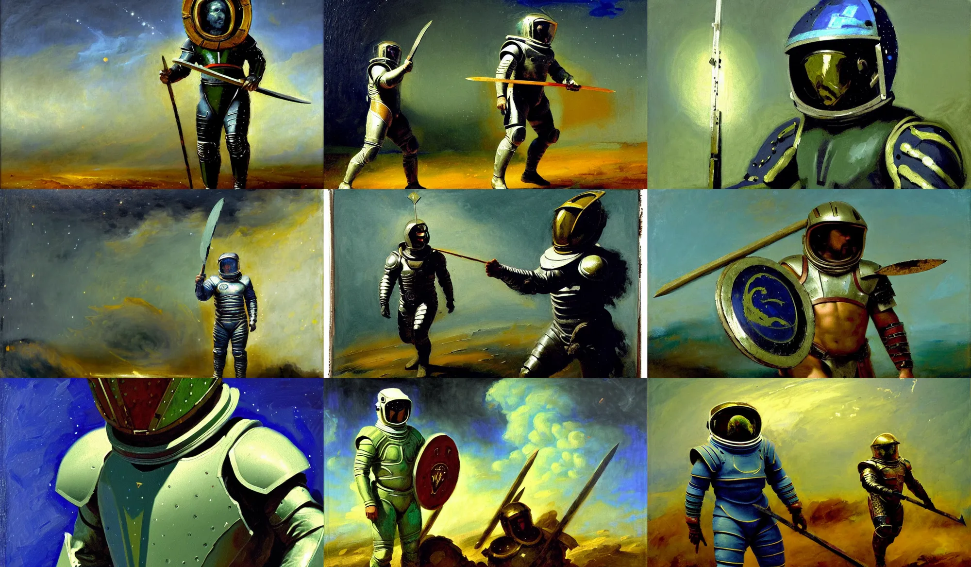 Prompt: gladiator wearing space suit, holding shield and spear, segmented armor, luminist style, tonalism, dramatic lighting, action scene, palette knife, frenetic brushwork, chiaroscuro, figurative art, detailed, proportions, spatter, dust, atmospheric, volumetric lighting, prussian blue, raw sienna, and sage green