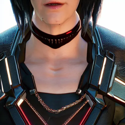 Image similar to female V from Cyberpunk 2077 wearing spiked choker, collar, choker, punk, collar, 4K, realistic, futuristic, collar, choker, spiked collar,