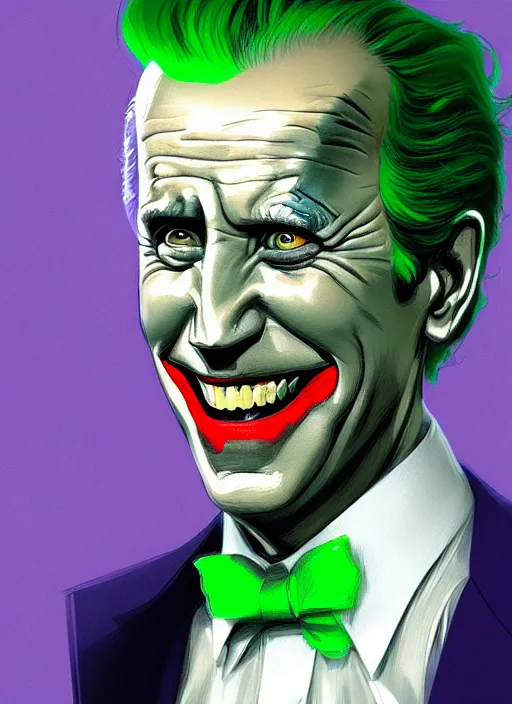 Image similar to portrait of joe biden as the joker, green hair, intricate, elegant, glowing lights, highly detailed, digital painting, artstation, concept art, sharp focus, illustration, art by wlop, mars ravelo and greg rutkowski