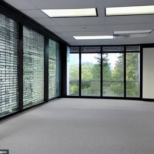 Image similar to corporate office building mailroom, large floor to ceiling windows, view of a beautiful unspoiled woodland