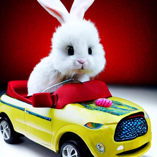 Image similar to easter bunny riding a convertible, studio photo, high quality