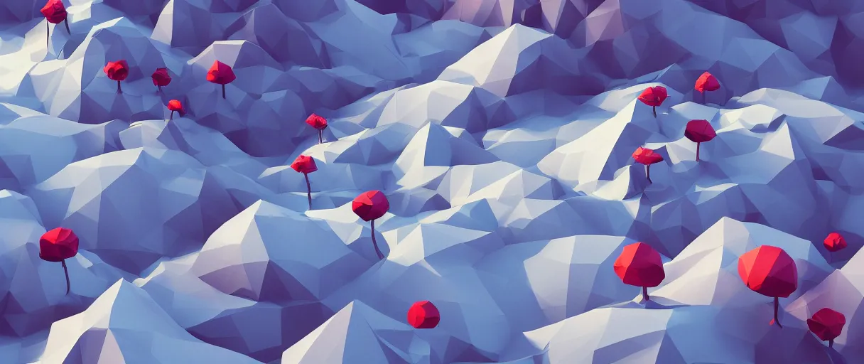 Prompt: 3 d render, mountain landscape, digital art, low poly art, minimalist, poppy, journey game, lowpoly landscape, particles floating, unreal engine, dreamy, brush strokes, bounce light, sunny, complementary palette, redsinski