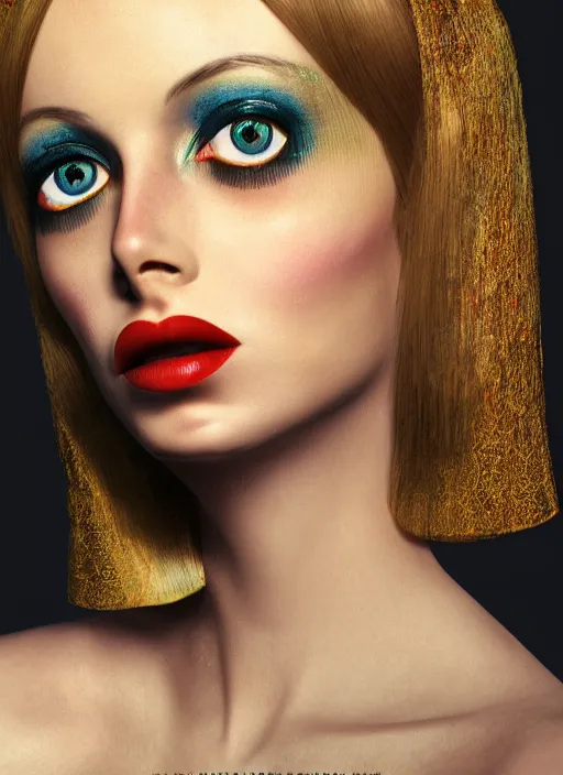 Image similar to italian vogue 6 0 s vintage cover portrait of a female model, twiggy, and strong eye make up by steven meisel, 8 k, octane render, ultra sharp hyper detailed digital art