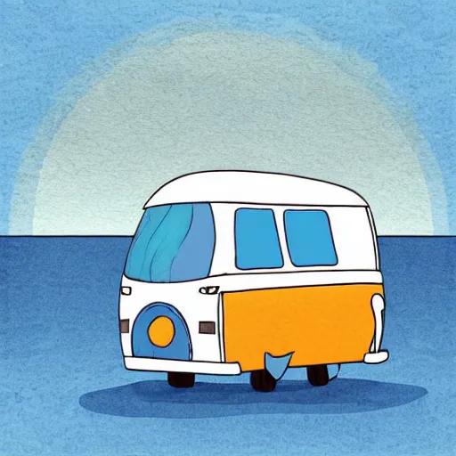 Image similar to beautiful cute cozy very little camper van by the water, sunset, puffy cute clouds, cute simple cartoon, vector, white background, watercolor, 4 colors!!!