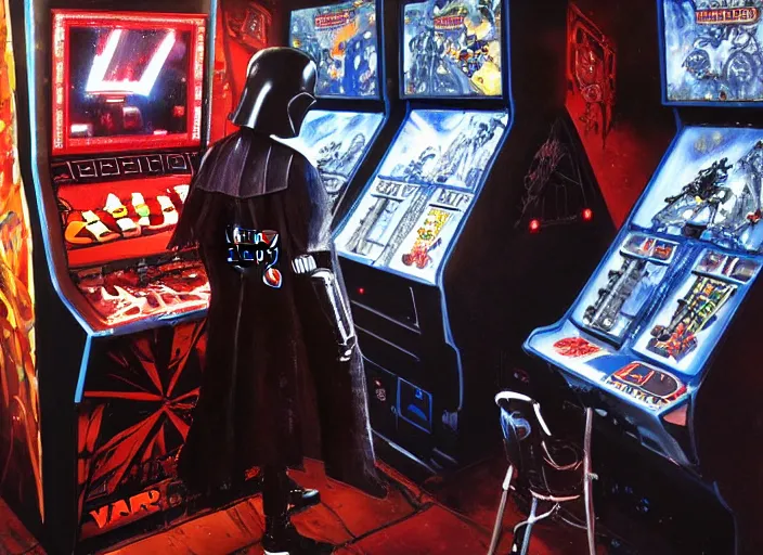 Image similar to a highly detailed beautiful portrait of a darth vader playing space invaders on an arcade machine, by gregory manchess, james gurney, james jean