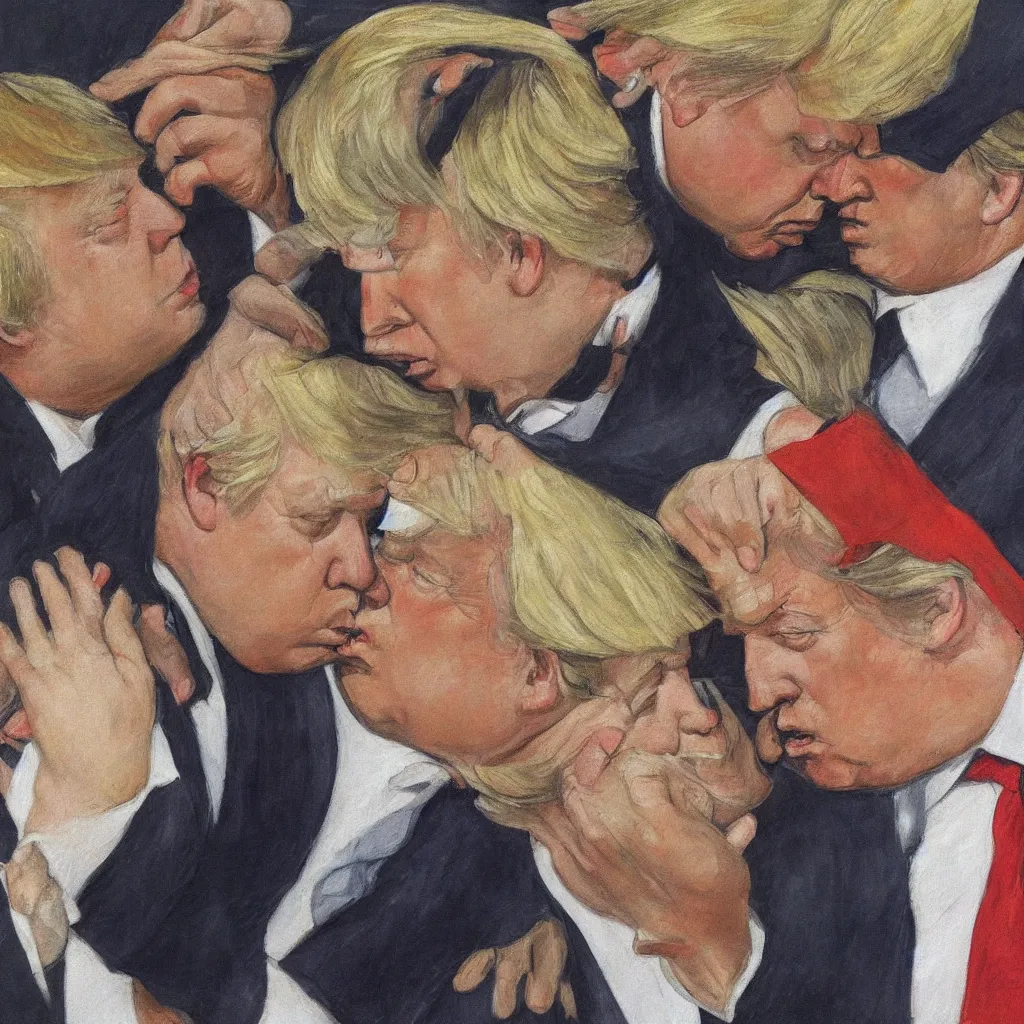 Image similar to boris johnson and donald trump kissing in the style of my god, help me to survive this deadly love by dmitri vrubel