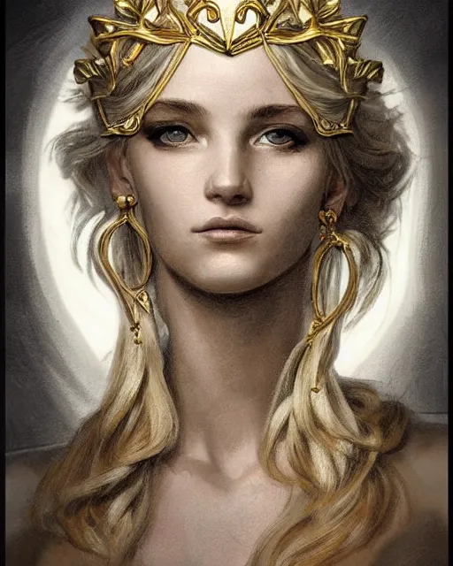 Image similar to front view of beautiful aphrodite greek goddess wearing a gold laurel wreath and triangle earrings, realism tattoo sketch, beautiful piercing eyes with sharp pupils, beautiful blonde hair, in the style of greg rutkowski, fantasy, amazing detail, epic, elegant, smooth, sharp focus