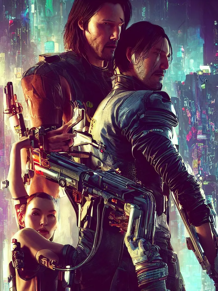 Image similar to a cyberpunk 2077 srcreenshot couple portrait of Keanu Reeves and a female android final kissed in night city,love,film lighting,by Lawrence Alma-Tadema,Andrei Riabovitchev,Laurie Greasley,Dan Mumford,John Wick,Speed,Replicas,artstation,deviantart,FAN ART,full of color,Digital painting,face enhance,highly detailed,8K,octane,golden ratio,cinematic lighting