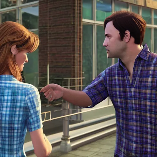 Image similar to On the right there is a brown-haired man wearing a blue plaid shirt holding the hand of a brown-haired woman wearing a light blue blouse and jeans and looking at him angrily, The man is looking behind him and whistling appreciatively at a blurred woman wearing a red sleeveless dress in the foreground, intricate, elegant, highly detailed, digital painting, artstation, concept art, smooth, sharp focus, illustration, art by artgerm and greg rutkowski and alphonse mucha and andrei riabovitchev