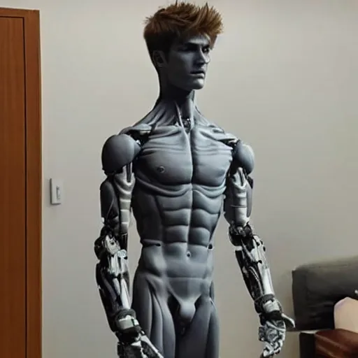 Image similar to a realistic detailed photo of a guy who is an attractive humanoid who is half robot and half humanoid, who is a male android, twitch streamer ninja tyler blevins, shiny skin, posing like a statue, blank stare, in a living room, on display, showing off his muscles