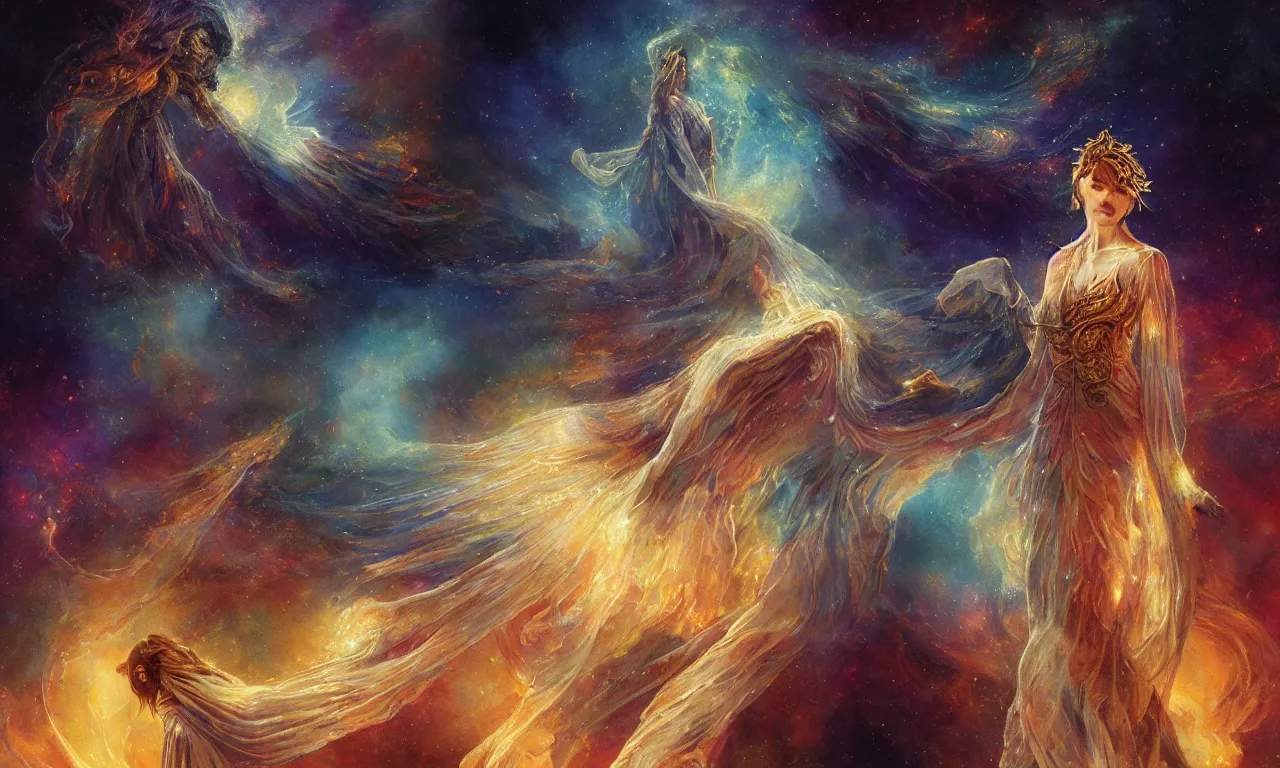 Prompt: breathtaking detailed soft painting of angel in a nebulae galaxy in flames with intricate ribbons of light, art by kelogsloops, anato finnstark and greg rutkowski, gauze dress draped of fireflies and an art nouveau golden cathedral halo, rembrandt style, elegant, highly detailed, artstation, concept art, matte, sharp focus,